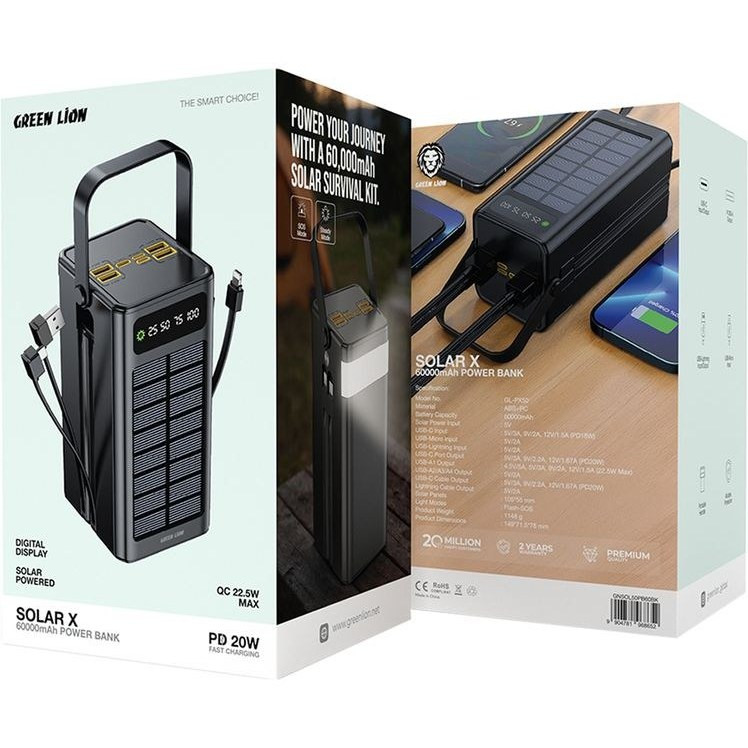 پاور بانک گرین لاین Solar X ظرفیت 60000 و ۸۰۰۰۰ میلی آمپر | شارژ سریع PD 20W و پنل خورشیدی